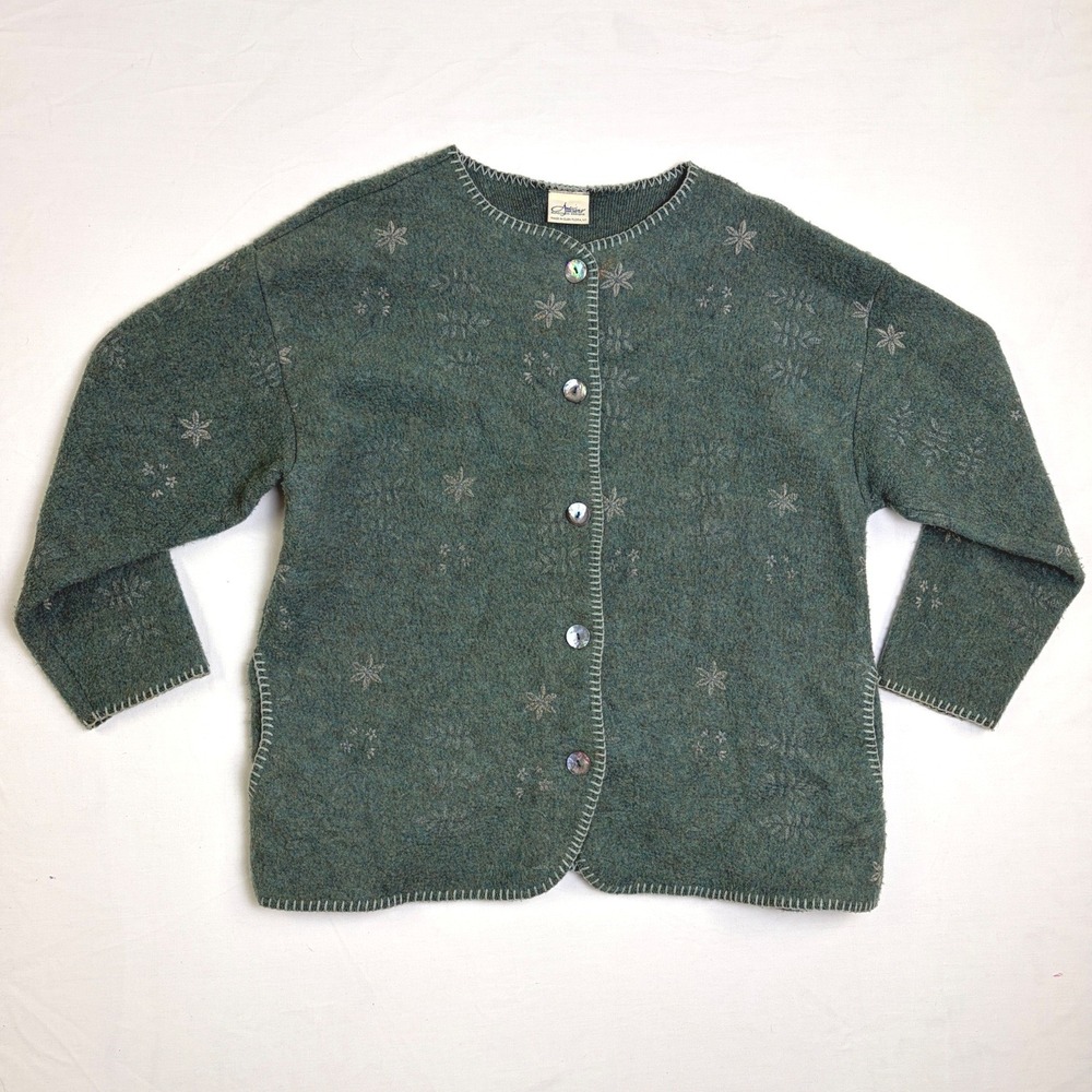 Vintage USA Made Artisans Sunschein Designs‎ Green Snowflake Cardigan Sweater XL